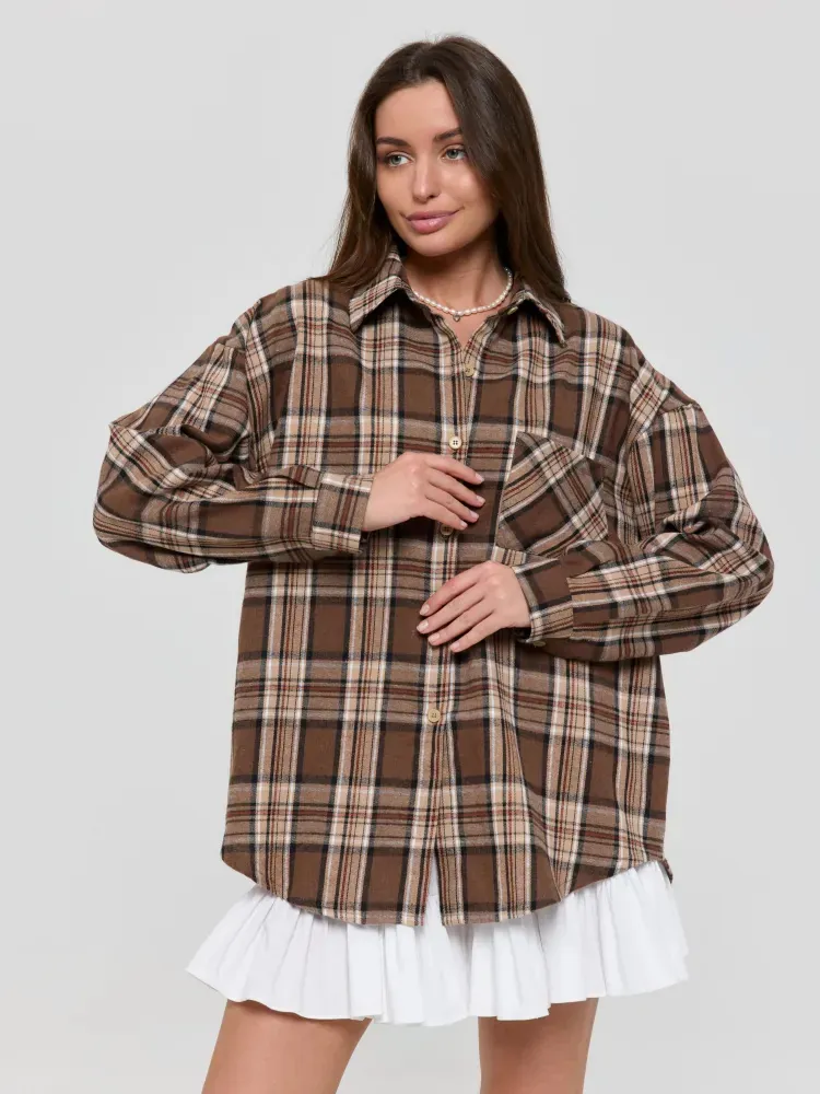 Women Plaid Shirt Long Sleeve Lapel Button Down Oversized Blouse Polyester Cotton Casual Loose Coffee Brown Top