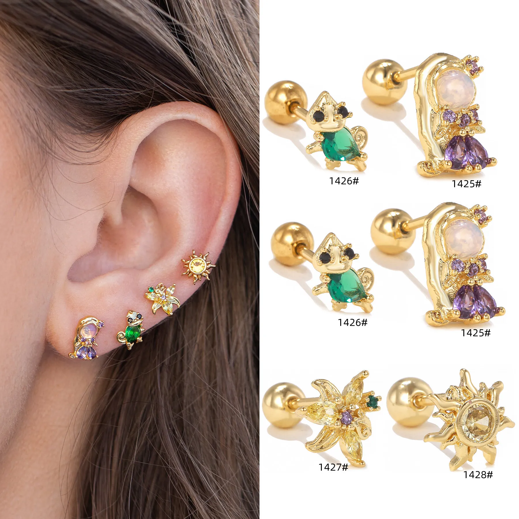 Tiny Cartilage Stud Earrings Copper Cubic Zirconia Flower Sun Animal Piercing Jewelry With Stainless Steel Earring Post