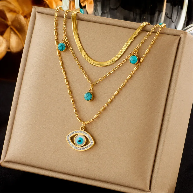 Bohemian Multilayer Gold Stainless Steel Evil Eye Pendant Necklace For Women Artificial Turquoise Rhinestone Charm Jewelry