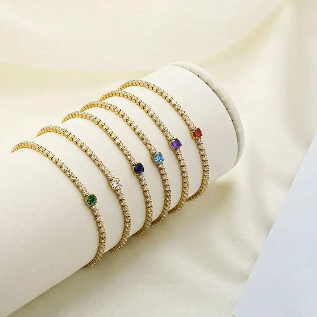 Stainless Steel Zirconia Bracelet Gold Plated Round Colorful Stone Inlaid Tennis Bracelet Women Wedding Party Adjustable Jewelry