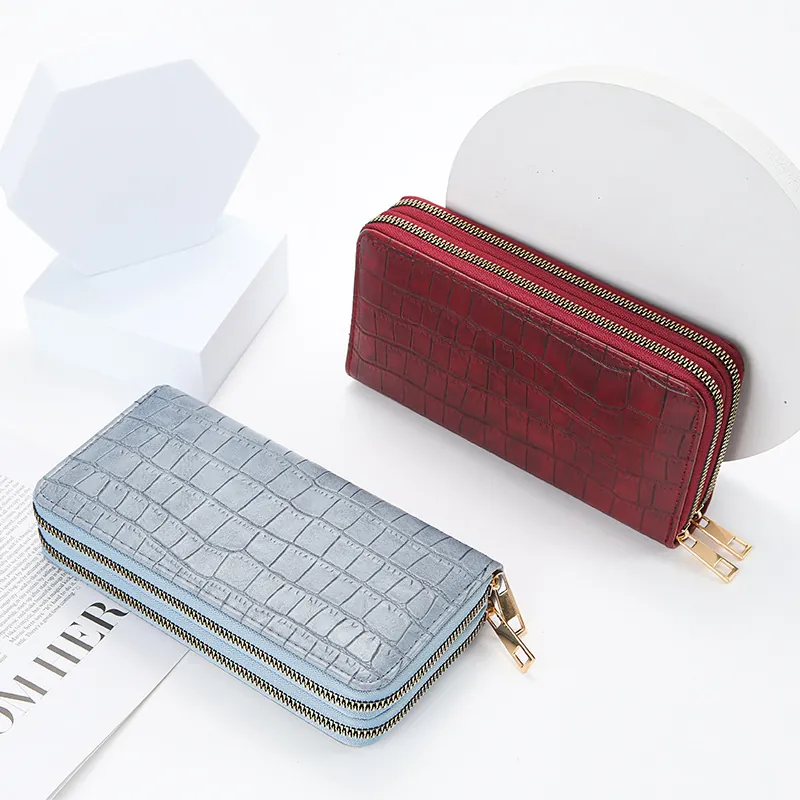 Women Long Wallet Crocodile Pattern PU Leather Double Zipper Clutch Bag With Wristlet Strap Large Capacity Elegant