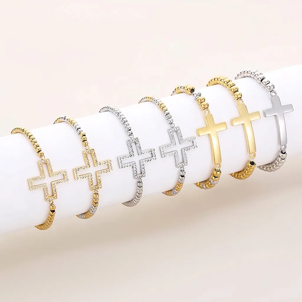 Bracelet À Perles En Croix En Acier Inoxydable Pour Femmes Bicolore Strass Charme Creux Style Religieux