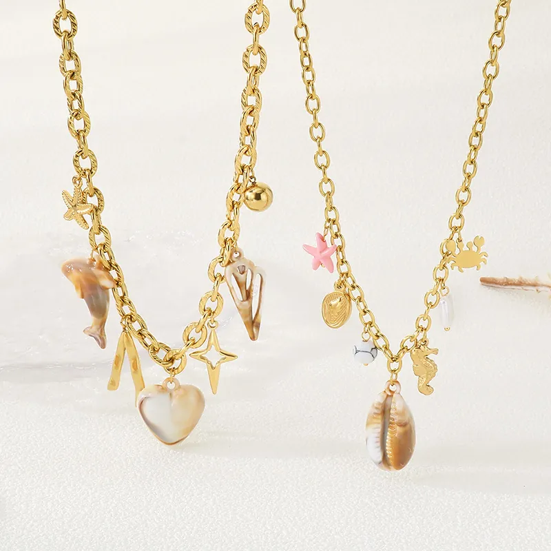 Collier Pendentif Thème Océan Acier Inoxydable Coquillage Étoile De Mer Hippocampe Charme Bijoux Plage Été Femme Plaqué Or