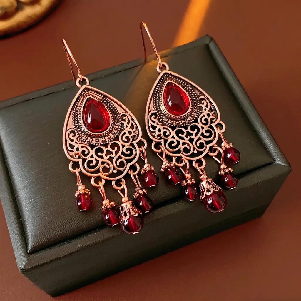 Orecchini Pendenti Etnici Retro Motivo Goccia Nappa Lega Con Perline Di Vetro Rosso Stile Boho Tono Bronzo Gioielli Donna