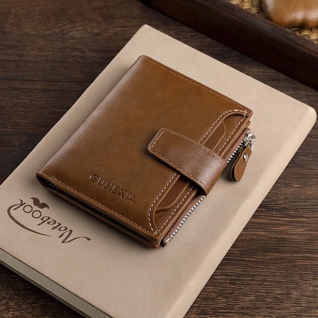 Portafoglio Uomo Pieghevole Corto Pelle PU Slot Per Carte Tasca Con Cerniera Bottone A Pressione Stile Vintage Business