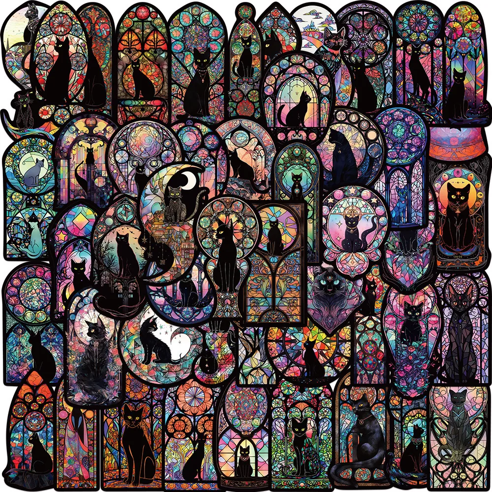 Gothic Black Cat Stickers Waterproof PVC Stained Glass Art Style Decals For Laptop Luggage Skateboard DIY Scrapbook Decoration