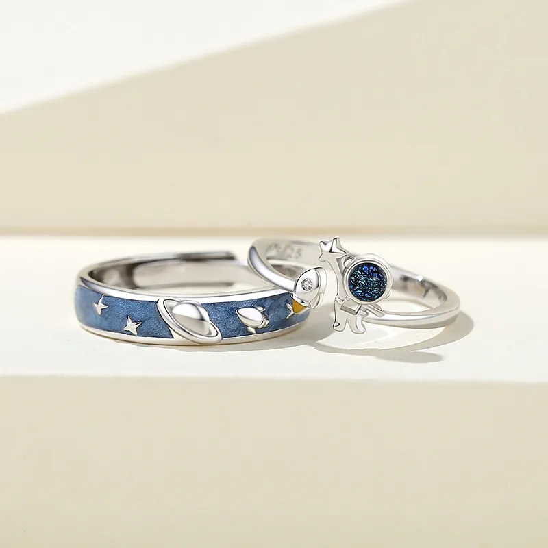 Astronaut Starry Sky Rings 925 Sterling Silver Adjustable Open Zircon Romantic Space Theme Jewelry For Lovers
