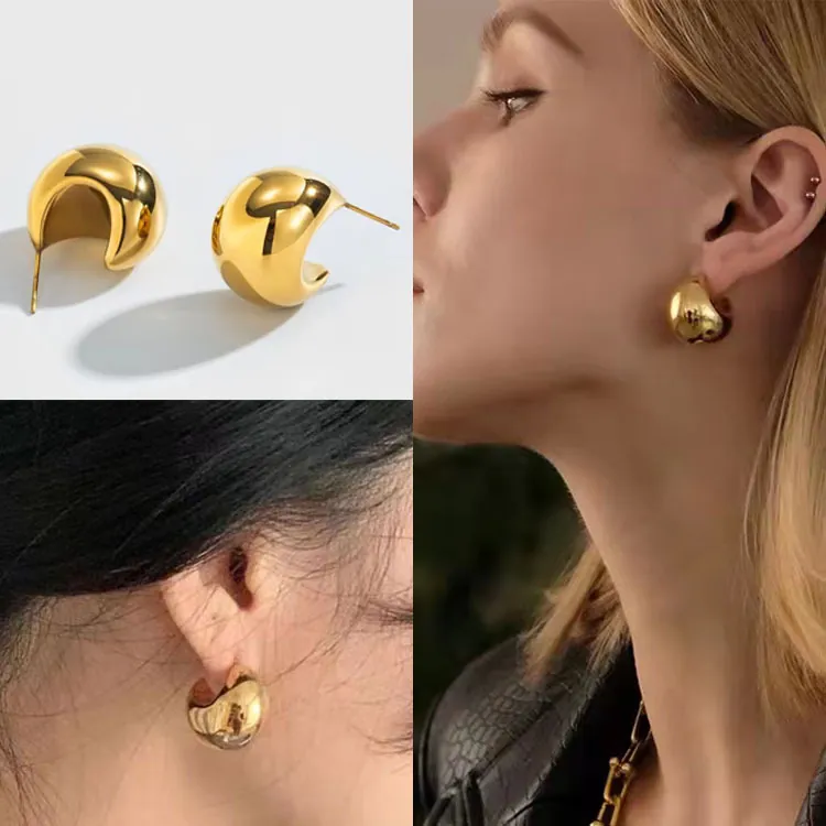 Chunky Dome Earrings High Polish Minimalist Teardrop C Shaped Stainless Steel With Titanium Steel Earring Post For Women
