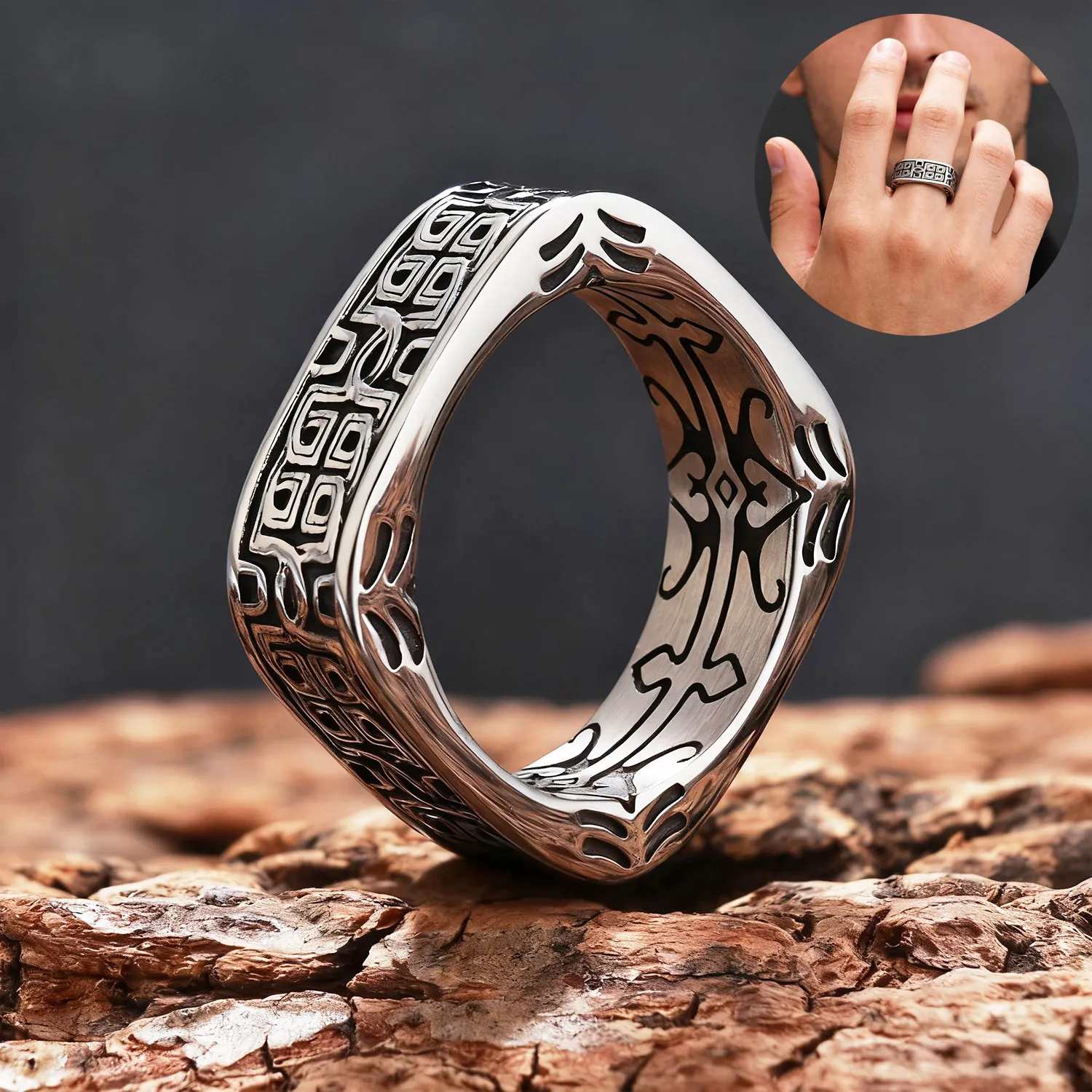Vintage Square Ring Men Stainless Steel Fret Pattern Geometric Carved Punk Biker Jewelry Band Accessory