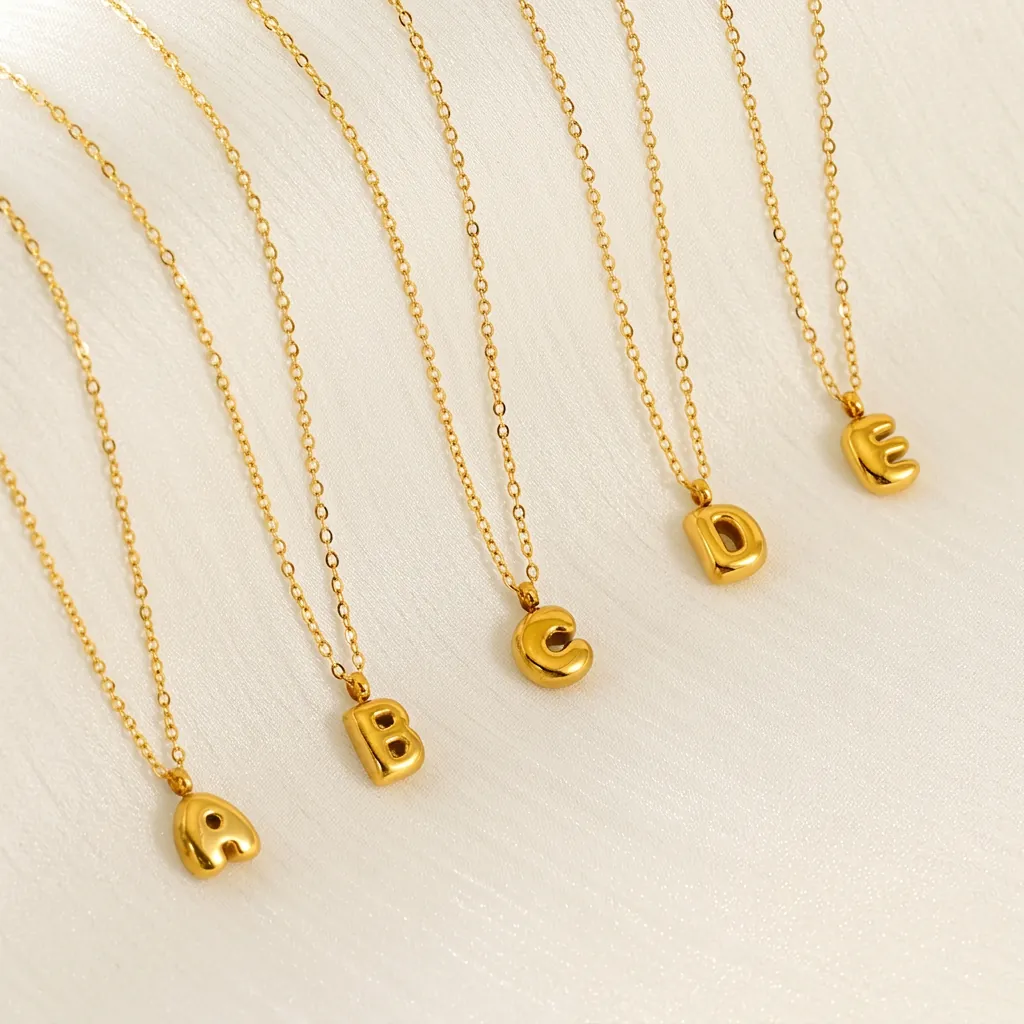 Bubble Letter Pendant Necklace 18K Gold Plated Stainless Steel 3D Puff Balloon Initial Minimalist Jewelry For Women