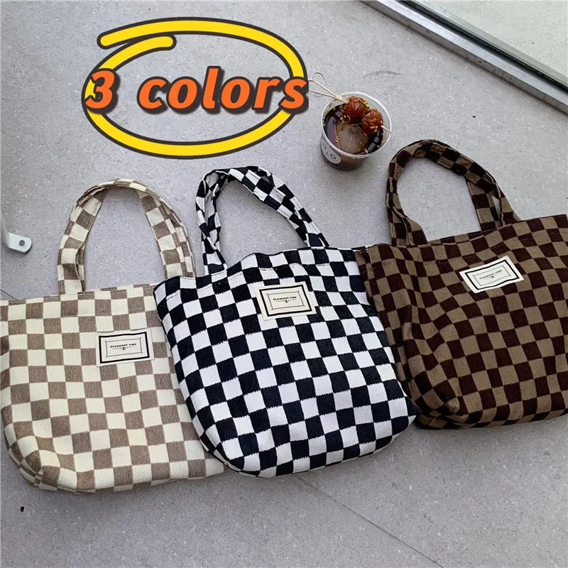 Schaakbord Corduroy Draagtas Dames Retro INS Stijl Handtas Met Canvas Voering En Tekstlabel