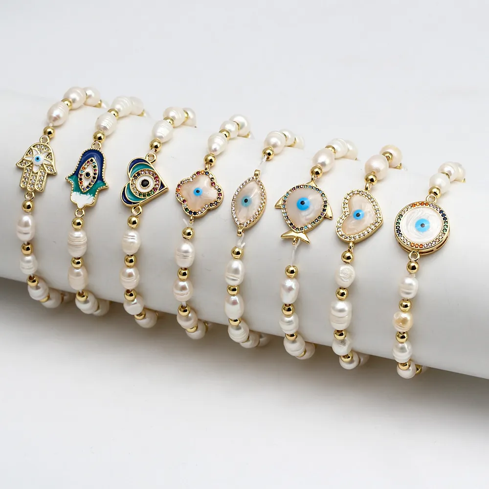Baroque Freshwater Pearl Bracelet With Evil Eye Hamsa Hand Pendant Zircon Beaded Jewelry For Women Lucky Gift Boho Style