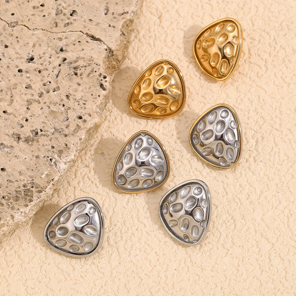 Irregular Triangle Stud Earrings Stainless Steel Hammered Texture 18K Gold Plated Vintage Fashion Jewelry For Women
