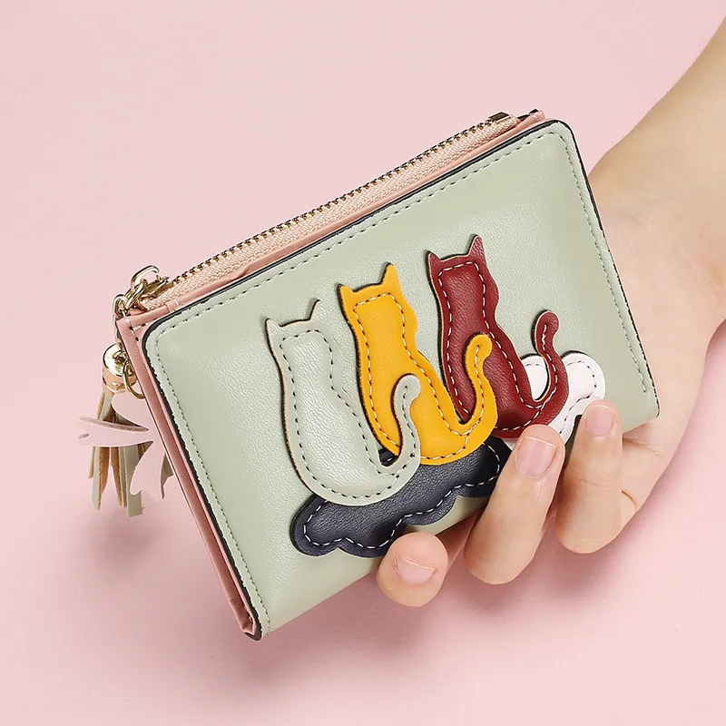 Women Short Wallet PU Leather Cute Cat Patch Tassel Bow Multi Card Slots Zipper Coin Purse Bifold Small Money Clip
