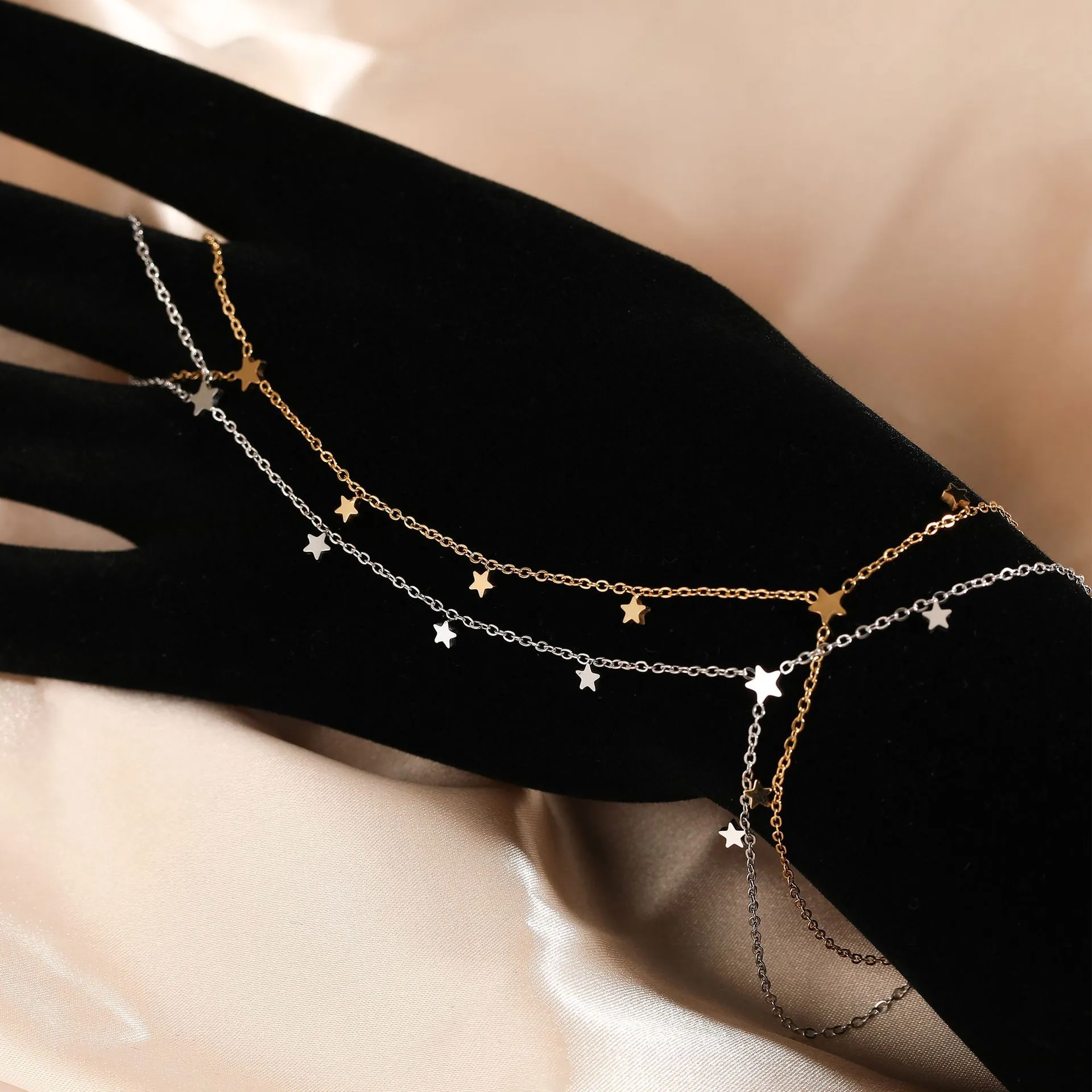 Star Hand Chain Stainless Steel With Ring Minimalist Boho Fashion Jewelry For Women Gold Silver