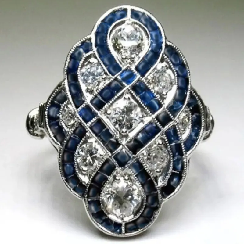 Art Deco Vintage Ring Copper With Blue And Clear Cubic Zirconia Hollow Geometric Retro Jewelry For Women