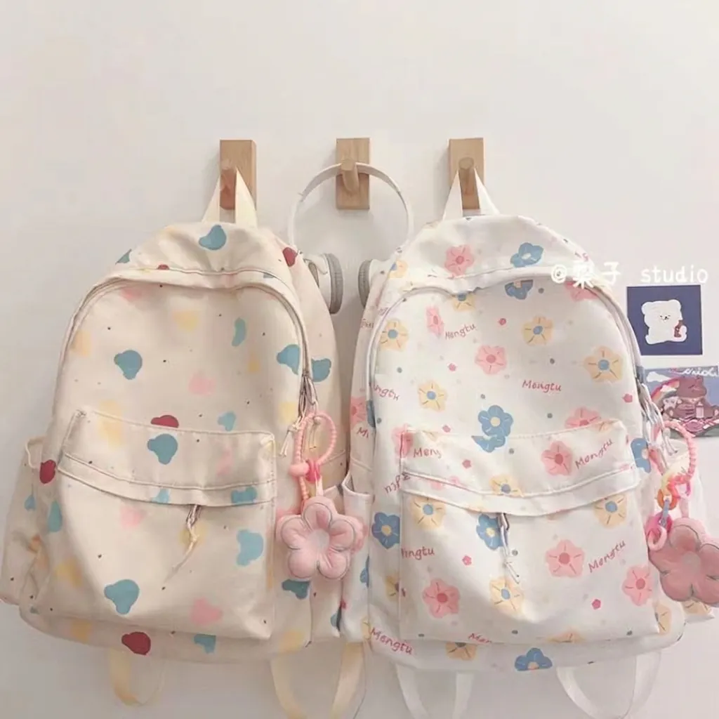 Kids Backpack Polyester Waterproof Large Capacity School Bag Cute Cartoon Print For Girls With Flower Pendant