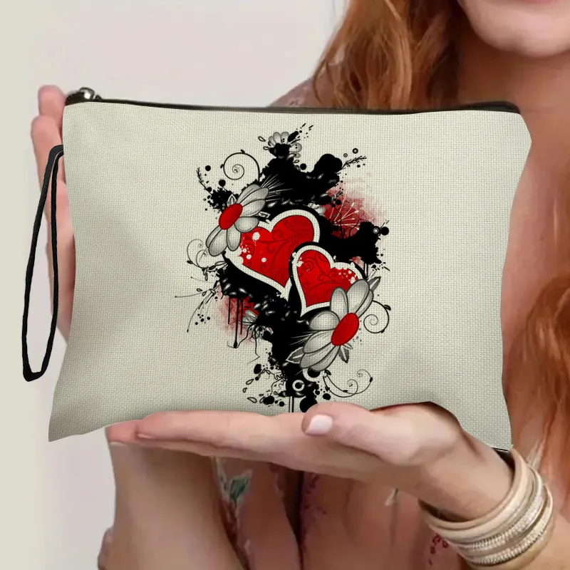 Heart Flower Print Fine Linen Makeup Bag Artistic Portable Cosmetic Pouch For Women Travel Toiletry Storage With Wristlet
