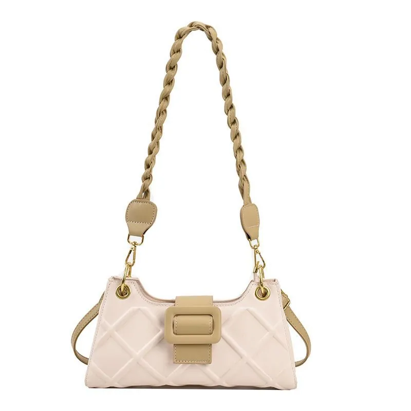 Quilted PU Leather Baguette Bag With Braided Shoulder Strap For Women French Style Elegant Commuter Underarm Bag