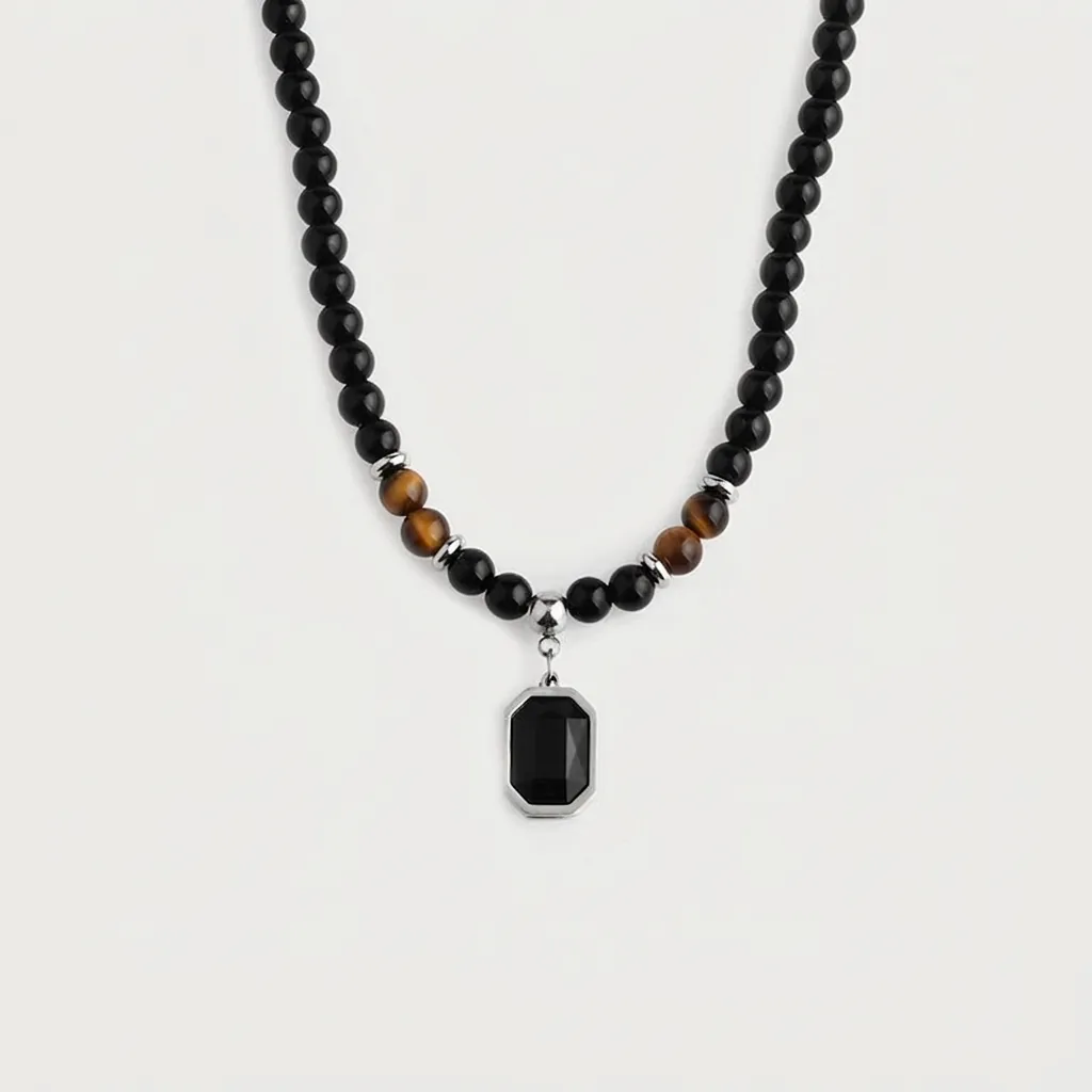 Collana Unisex in Perline di Pietra Naturale Pendente Rettangolare in Acciaio al Titanio Occhio di Tigre Vintage Gioielli Moda