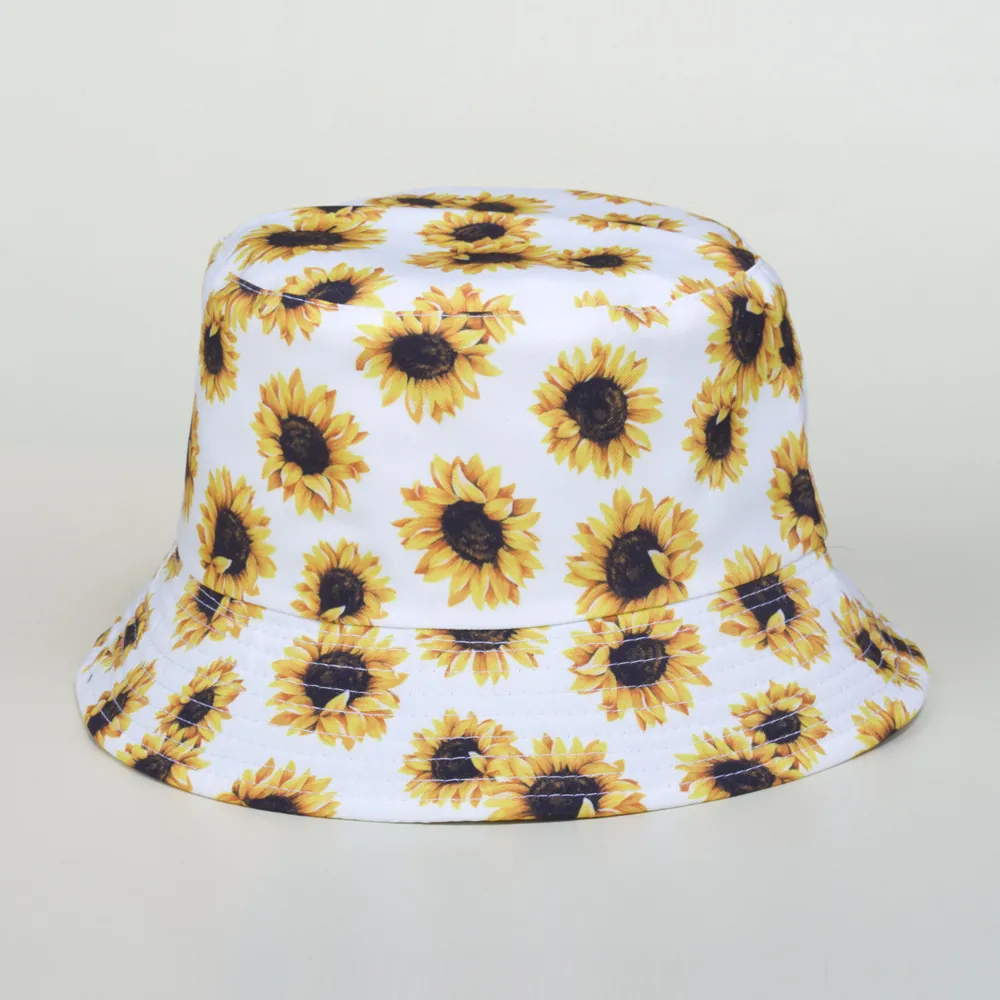 Sunflower Print Cotton Canvas Bucket Hat Sun Protection Summer Beach Shade Flat Top Fisherman Hat For Women Casual Simple