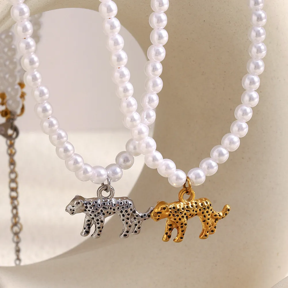 Leopard Tiger Pendant Necklace With Imitation Artificial Pearl Stainless Steel 18K Gold Plated Elegant Jewelry Gift For Women