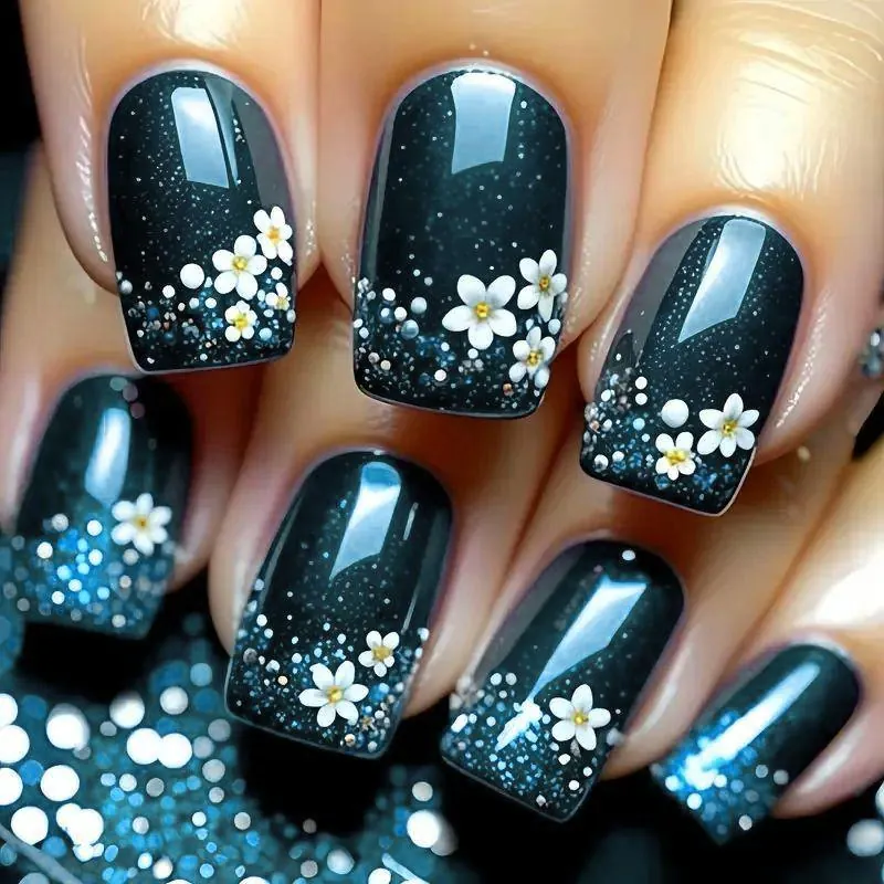 Press On Nails Medium Square Dark Green Flower Starry Glitter ABS False Nails With Jelly Glue And Nail File