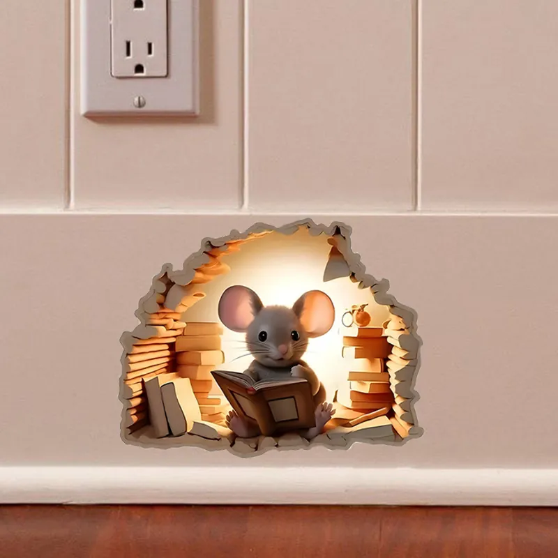 3D Mouse Hole Wall Sticker PVC Removable Decal Cute Cartoon Reading Mouse For Home Staircase Corner Decoration