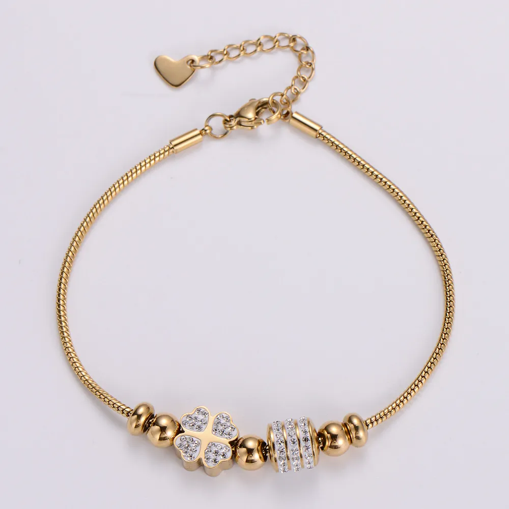 Four Leaf Clover Charm Bracelet 18K Gold Plated Stainless Steel With Zircon Inlaid Snake Chain Heart Pendant For Women