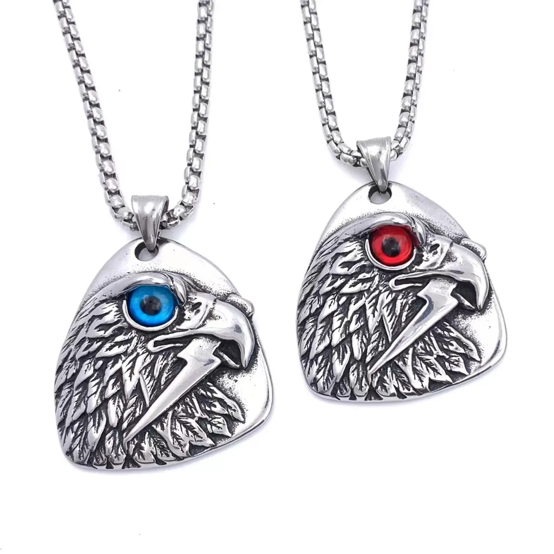 Collier Pendentif Tête D'aigle En Acier Inoxydable Rétro Hip Hop Éclair Yeux Colorés Bijoux Pour Hommes Style Punk