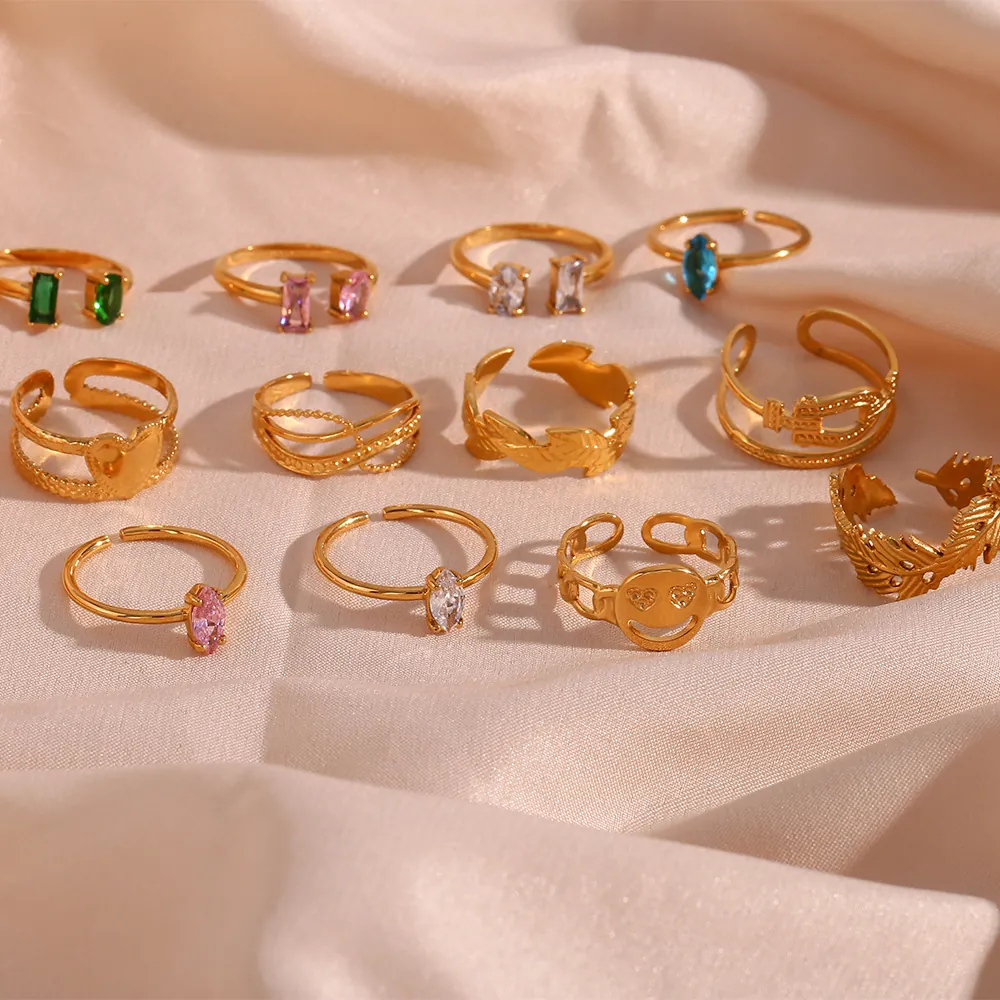 Bague Mode Ajustable Femme Plaqué Or 18K Acier Inoxydable Géométrique Zircone Colorée Bijou Luxe