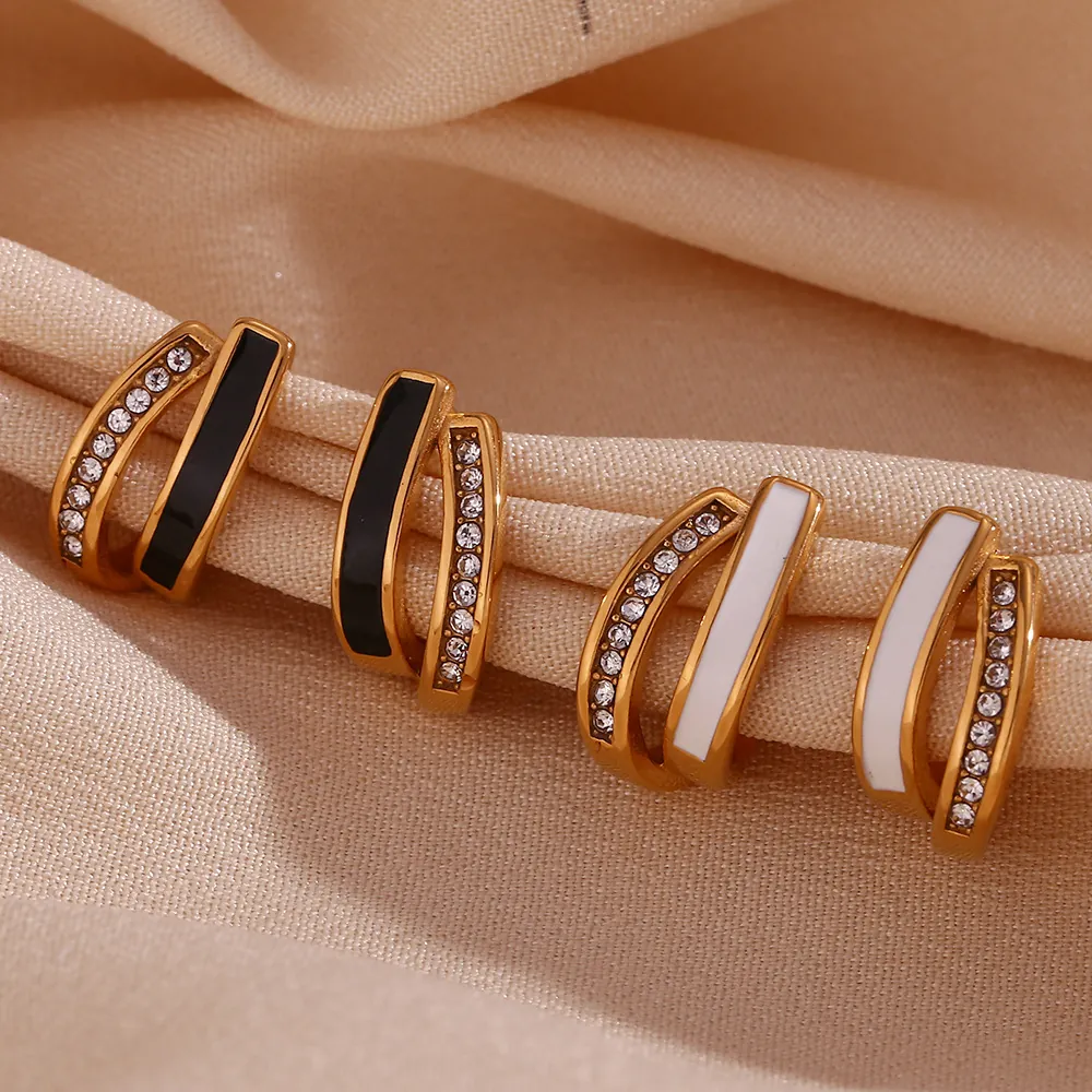Stainless Steel U-Shaped Hoop Earrings For Women Gold Plated Enamel Spliced Geometric Fashion Jewelry Accessory With Rhinestones