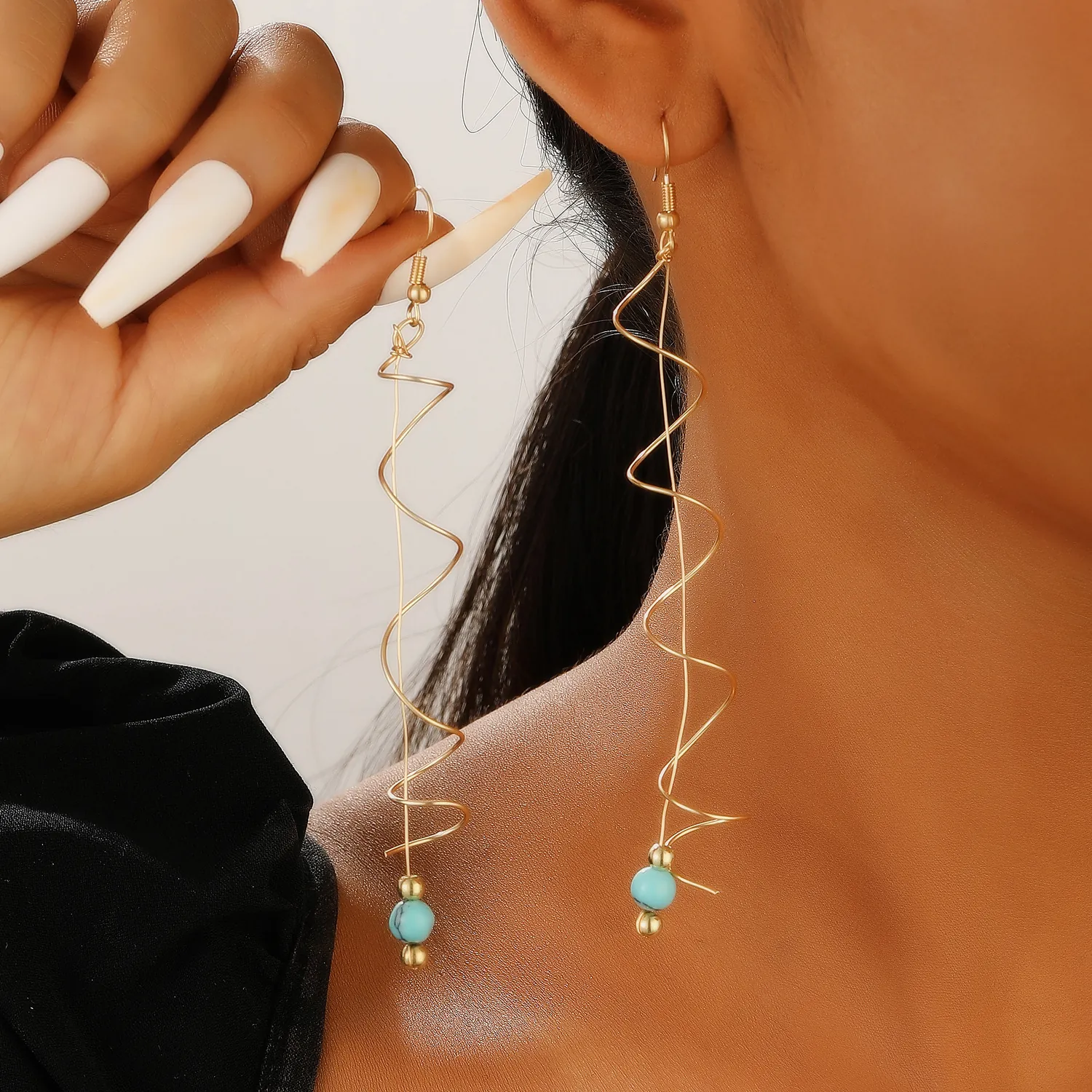 Bohemian Gold Aluminium Spiral Wave Long Drop Earrings With Colorful Resin Beads Artificial Pearl Vintage Beach Jewelry For Women