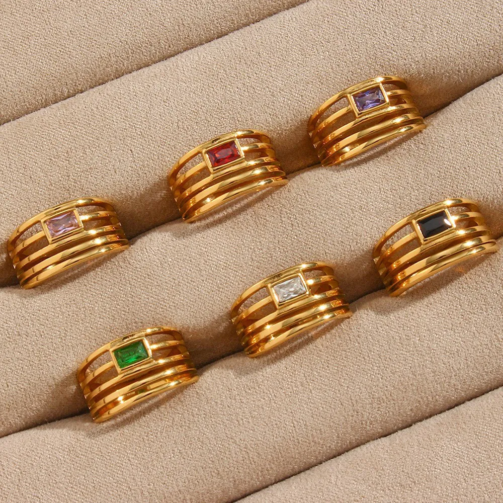 Bague Multi Couches Évidée Acier Inoxydable Plaqué Or 18K Avec Zircon Rectangulaire Bijoux De Mode Vintage Pour Femmes
