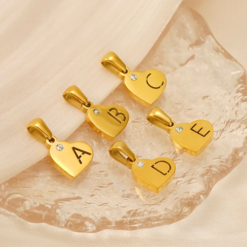 Heart Initial Letter Pendant 18K Gold Plated Stainless Steel Rhinestone Alphabet A-Z Hollow DIY Charm Jewelry For Women