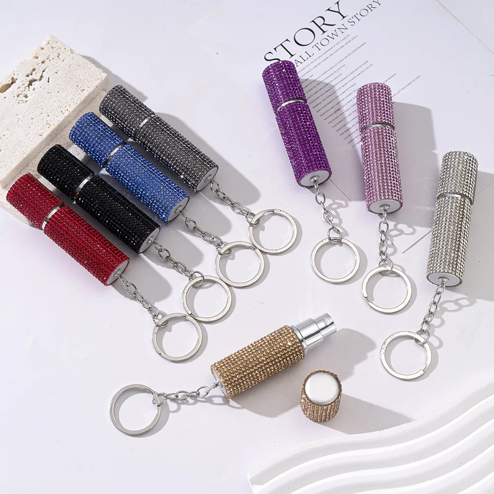 Rhinestone Perfume Spray Bottle Keychain Portable Refillable Bling Atomizer Metal Keyring For Women