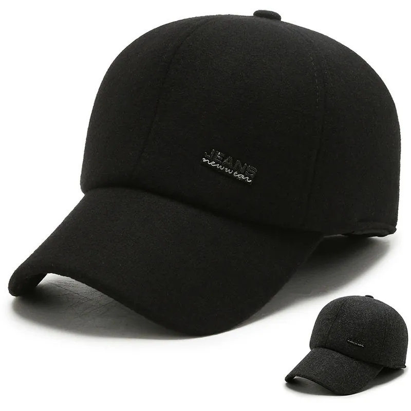 Men's Winter Wool Felt Baseball Cap Warm Outdoor Hat With Ear Protection Casual Streetwear Adjustable Snapback Bone