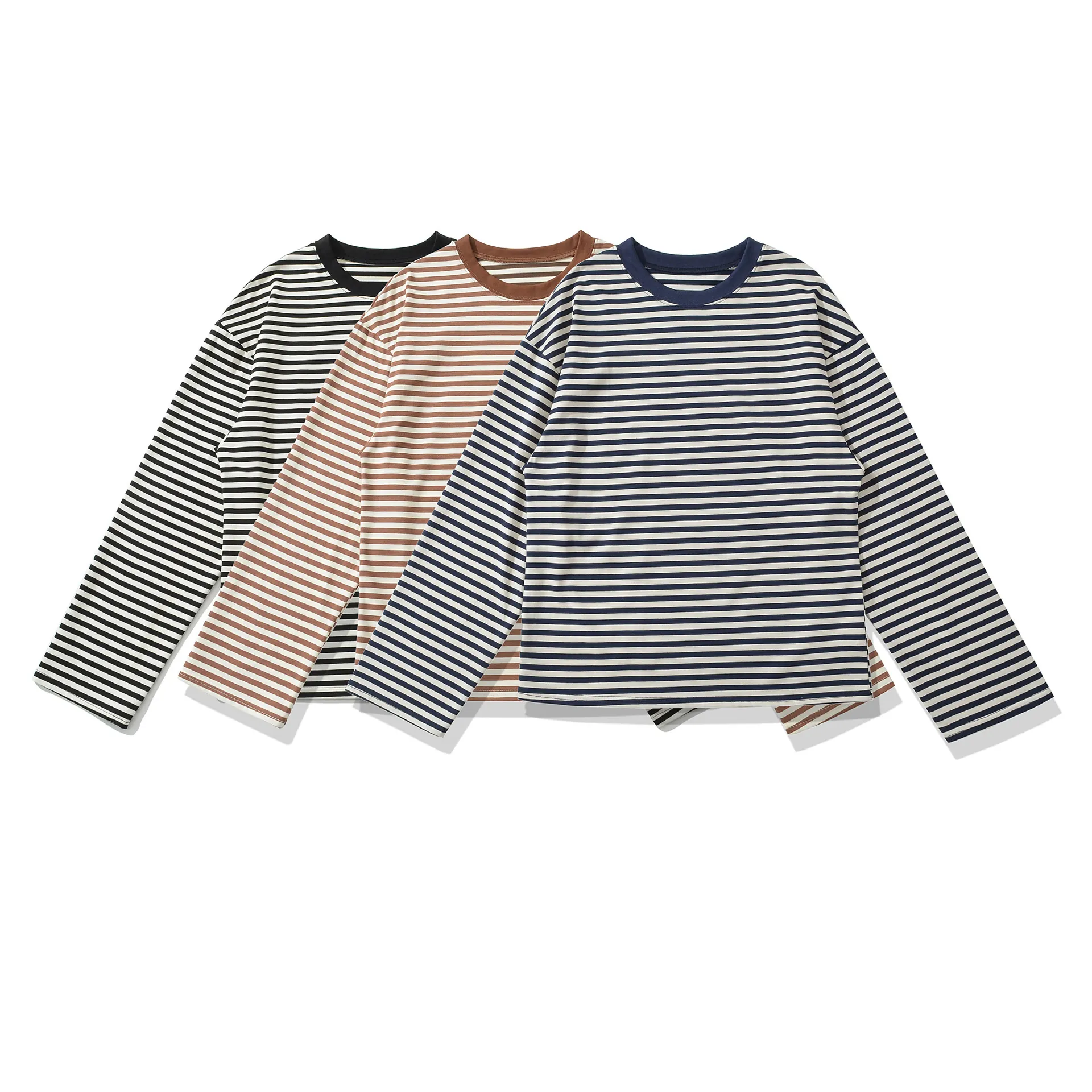 Women Striped T-Shirt Long Sleeve Round Neck Casual Loose Fit Polyester Top Lightweight Comfortable