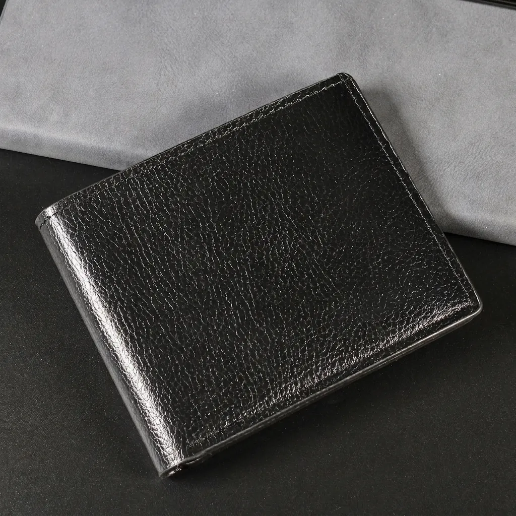 Portafoglio Bifold Da Uomo Corto Pelle PU Grana Litchi Business Casual Slot Per Carte Finestra Per Foto
