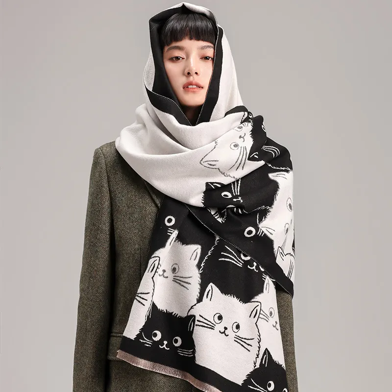 Cute Cartoon Cat Pattern Scarf For Women Thickened Warm Imitation Cashmere Pashmina Winter Shawl With Tassels Versatile Wrap
