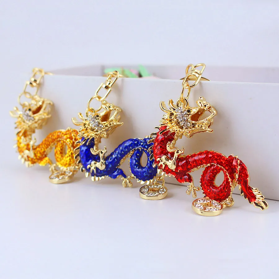 Dragon Keychain Chinese Style Enamel Rhinestone Zinc Alloy Lucky Coin Bag Charm Car Accessory Gift