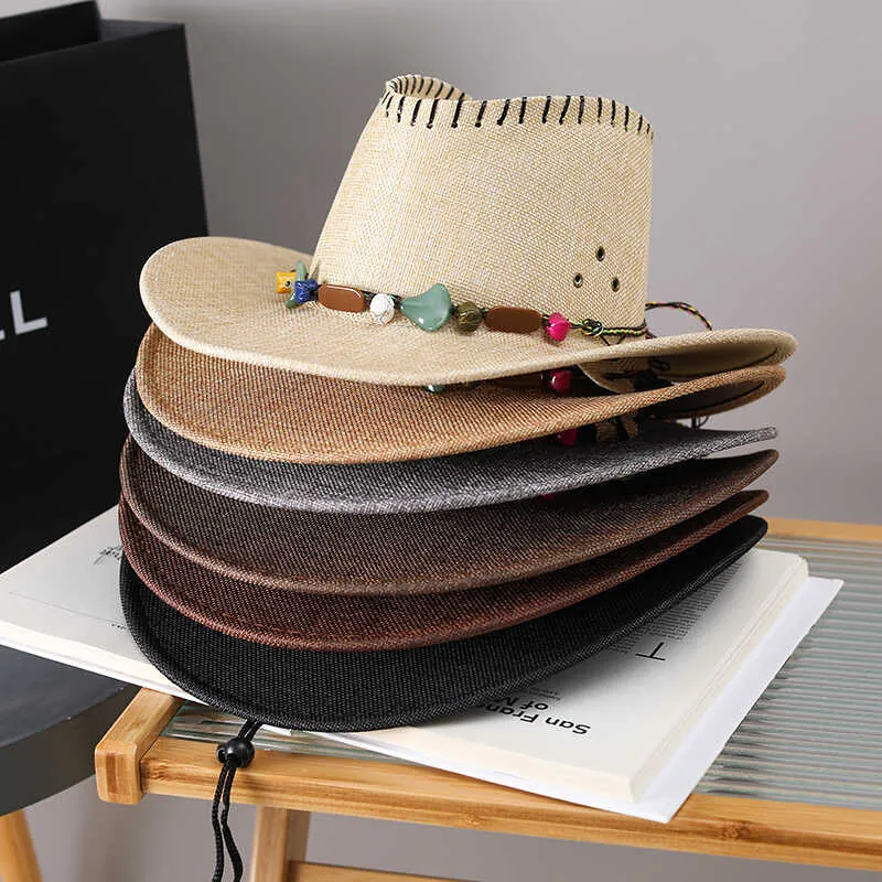 Chapeau De Cowboy En Paille Protection Solaire Large Bord Bande De Perles Boho Corde Coupe-Vent Réglable Plage Été Unisexe