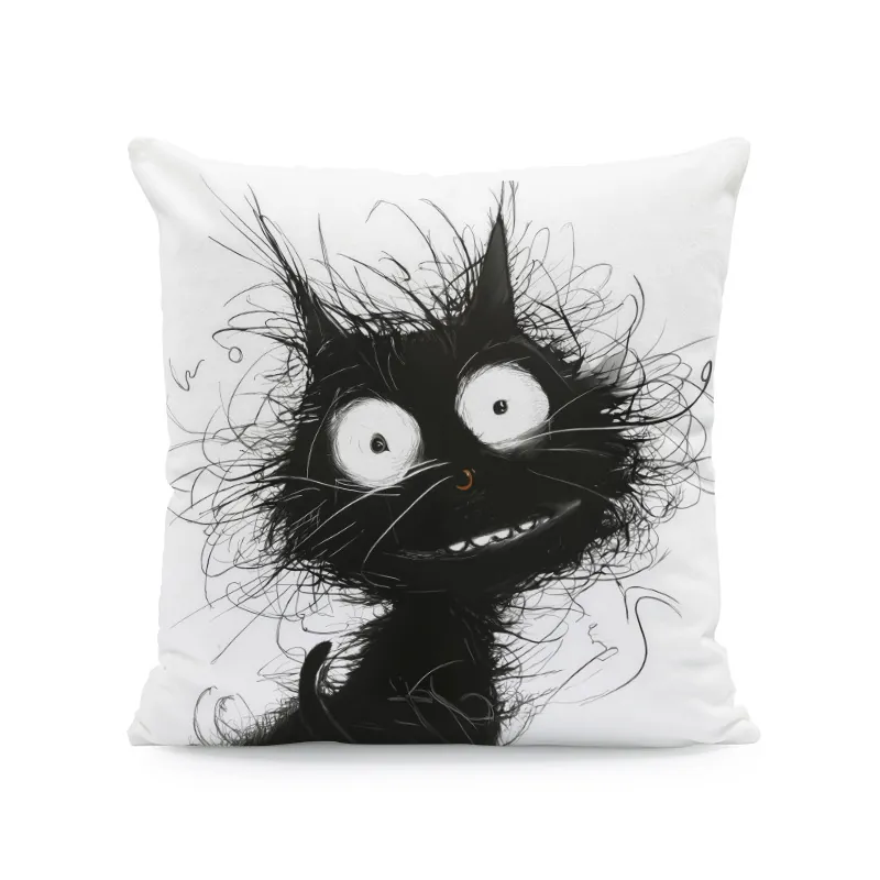 Cartoon Katze Kissenhülle Superweicher Quadratischer Kissenbezug Für Sofa Wohnzimmer Heimdekor Künstlerischer Tuschemalerei Stil