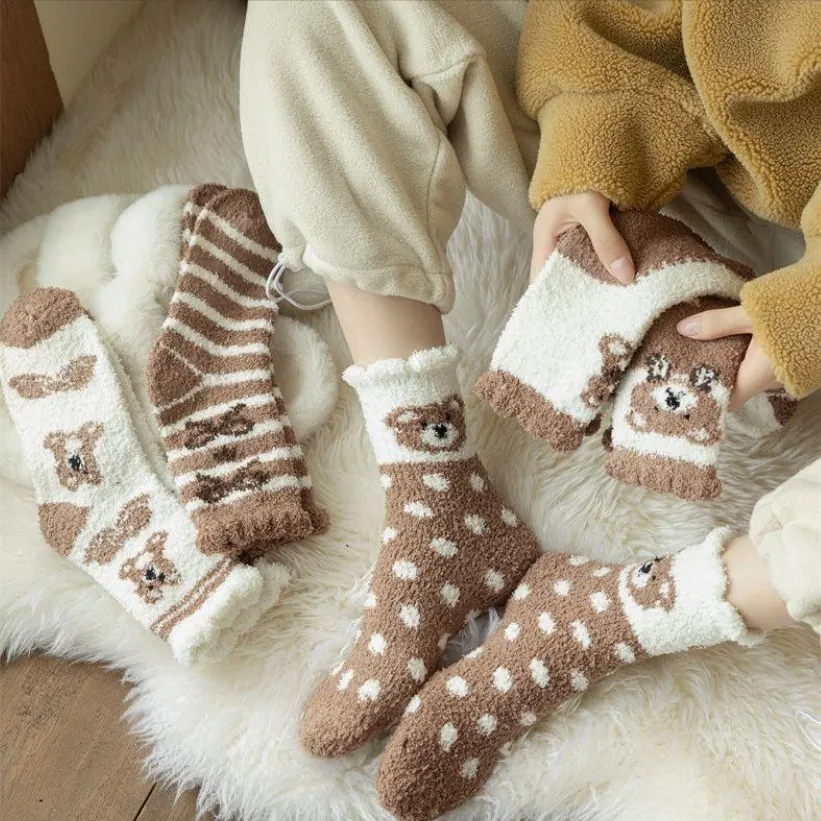 Coral Fleece Women Sleeping Socks Thickened Warm Winter Floor Hosiery Cute Bear Pattern Striped Polka Dot Soft Mid-Calf