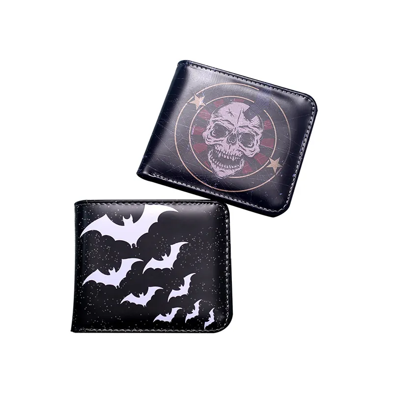 Herren Kurze Bifold Geldbörse PVC Kunstleder Gothic Totenkopf Fledermaus Druck Kartenhalter Reißverschluss Münzfach Retro