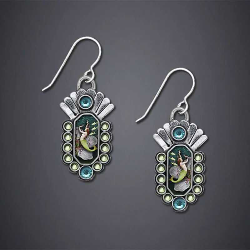 Vintage Bohemian Dangle Earrings Alloy Metal Enamel Mermaid Butterfly Pattern Retro Jewelry For Women