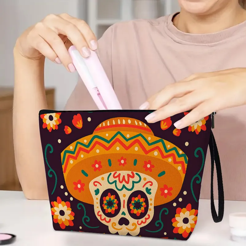 Trousse De Maquillage Crâne En Sucre Jour Des Morts Organisateur De Voyage En Lin Avec Fermeture Éclair Pochette Cosmétique
