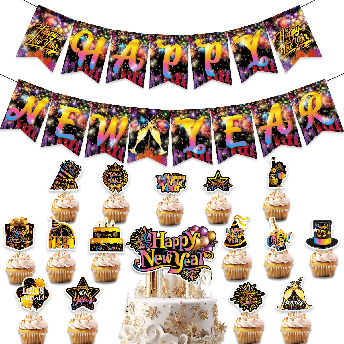 Happy New Year Party Decorations Set Paper Banner Bunting Cake Toppers Fireworks Pattern Eve Celebration Supplies