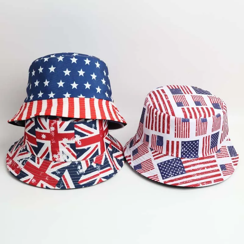 Vintage Polyester Cotton National Flag Printed Bucket Hat For Men Women UK US Australia Flag Sun Protection Outdoor Fisherman Hat