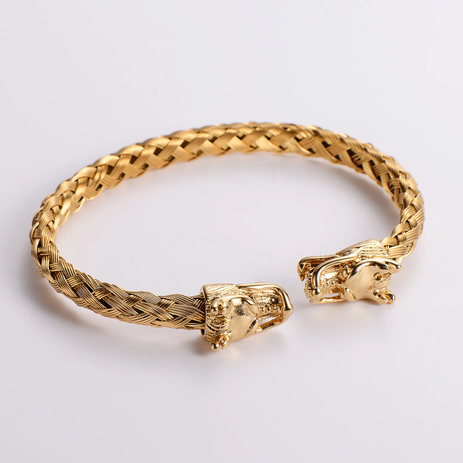 Men's Stainless Steel 18K Gold Plated Twisted Wire Woven Dragon Head Open Cuff Bangle Punk Vintage Jewelry
